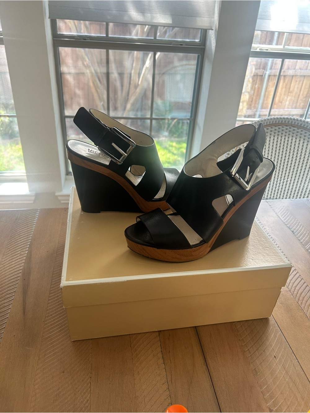 Michael Kors Black Leather Wedge Sandals with Wood-Look Platform - Picture 7 of 7